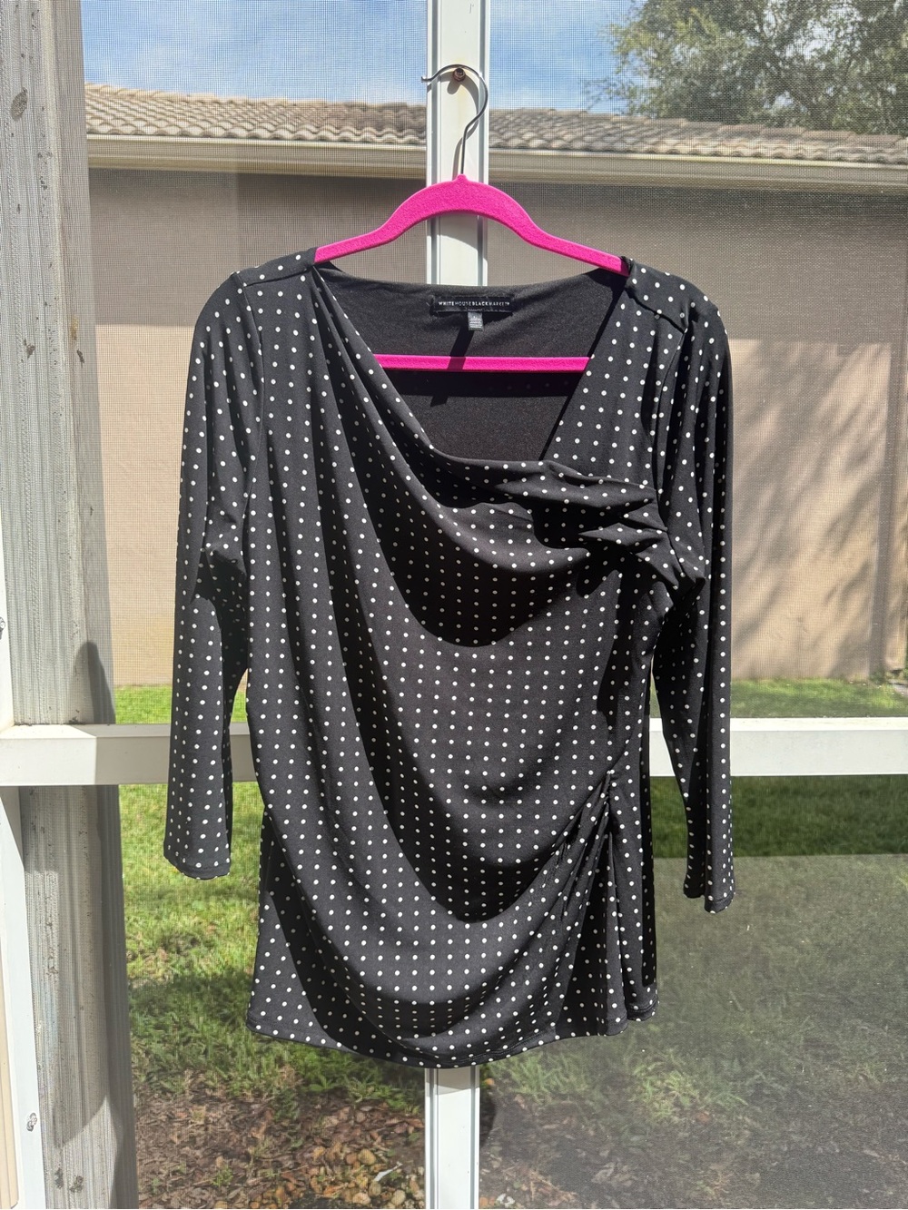 Black & White Polka Dot Draped Ruched Long Sleeve Top | White House Black Market